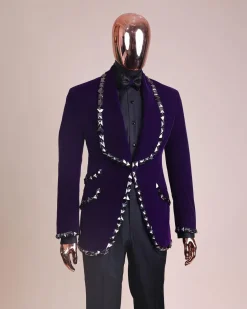 An Eggplant Purple Velvet Shawl Lapel Tuxedo Suit, laced with rectangle and octagonal jet hematite Swarovski stones