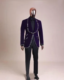 An Eggplant Purple Velvet Shawl Lapel Tuxedo Suit, laced with rectangle and octagonal jet hematite Swarovski stones