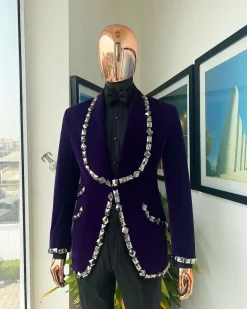 An Eggplant Purple Velvet Shawl Lapel Tuxedo Suit, laced with rectangle and octagonal jet hematite Swarovski stones
