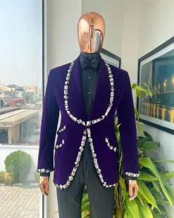 An Eggplant Purple Velvet Shawl Lapel Tuxedo Suit, laced with rectangle and octagonal jet hematite Swarovski stones