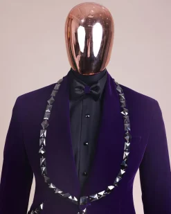 An Eggplant Purple Velvet Shawl Lapel Tuxedo Suit, laced with rectangle and octagonal jet hematite Swarovski stones