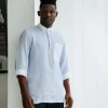 An Egyptian Cotton Linen, front flap, white and blue pencil stripe casual shirt.