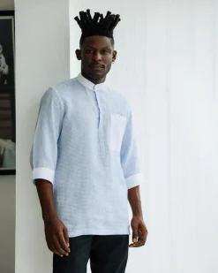 An Egyptian Cotton Linen, front flap, white and blue pencil stripe casual shirt.