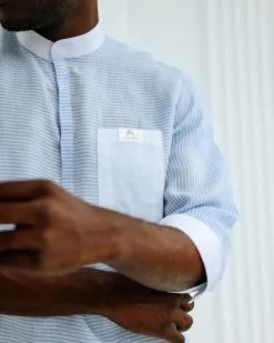 An Egyptian Cotton Linen, front flap, white and blue pencil stripe casual shirt.