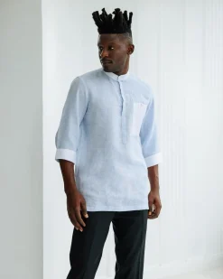 An Egyptian Cotton Linen, front flap, white and blue pencil stripe casual shirt.