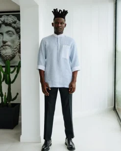 An Egyptian Cotton Linen, front flap, white and blue pencil stripe casual shirt.