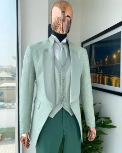An “eloper” Pistachio green, floral pattern jacquard tuxedo suit