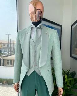 An “eloper” Pistachio green, floral pattern jacquard tuxedo suit