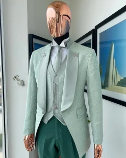 An “eloper” Pistachio green, floral pattern jacquard tuxedo suit