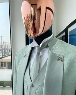 An “eloper” Pistachio green, floral pattern jacquard tuxedo suit
