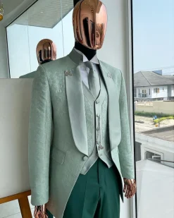 An “eloper” Pistachio green, floral pattern jacquard tuxedo suit