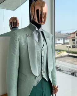 An “eloper” Pistachio green, floral pattern jacquard tuxedo suit