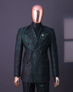An Emerald green & black “rival” 1/4 cut ocean element peak lapel double breasted jacquard suit.