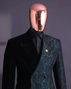 An Emerald green & black “rival” 1/4 cut ocean element peak lapel double breasted jacquard suit
