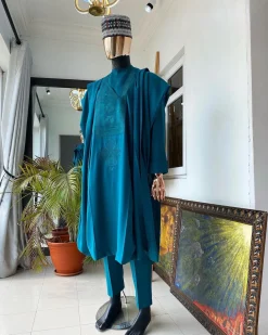 An Emerald Green embroidery Agbada with buba and Sokoto