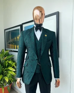An emerald green, knitted, root floral jacquard notch lapel suit