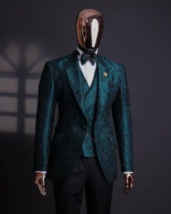 An emerald green, knitted, root floral jacquard notch lapel suit