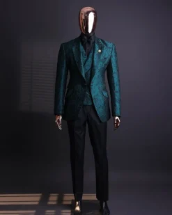 An Emerald green, knitted, root floral jacquard notch lapel suit