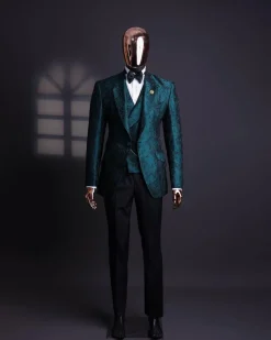 An emerald green, knitted, root floral jacquard notch lapel suit