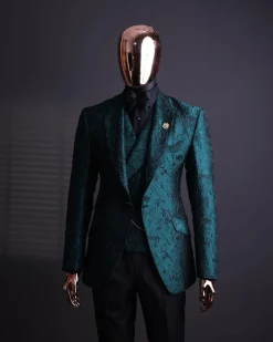 An Emerald green, knitted, root floral jacquard notch lapel suit