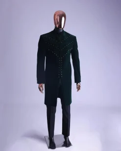 An Emerald Green Safari Suit With Mixed Swarovski Stones Detailing