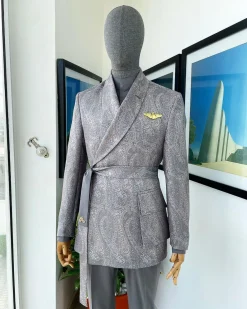An “Epitome” steel grey, powder blue and light brown mix element jacquard wrap kimono with patch pocket
