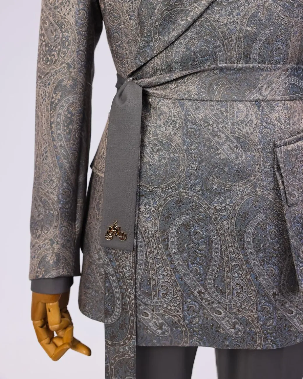 An “Epitome” steel grey, powder blue and light brown mix element jacquard wrap kimono with patch pocket
