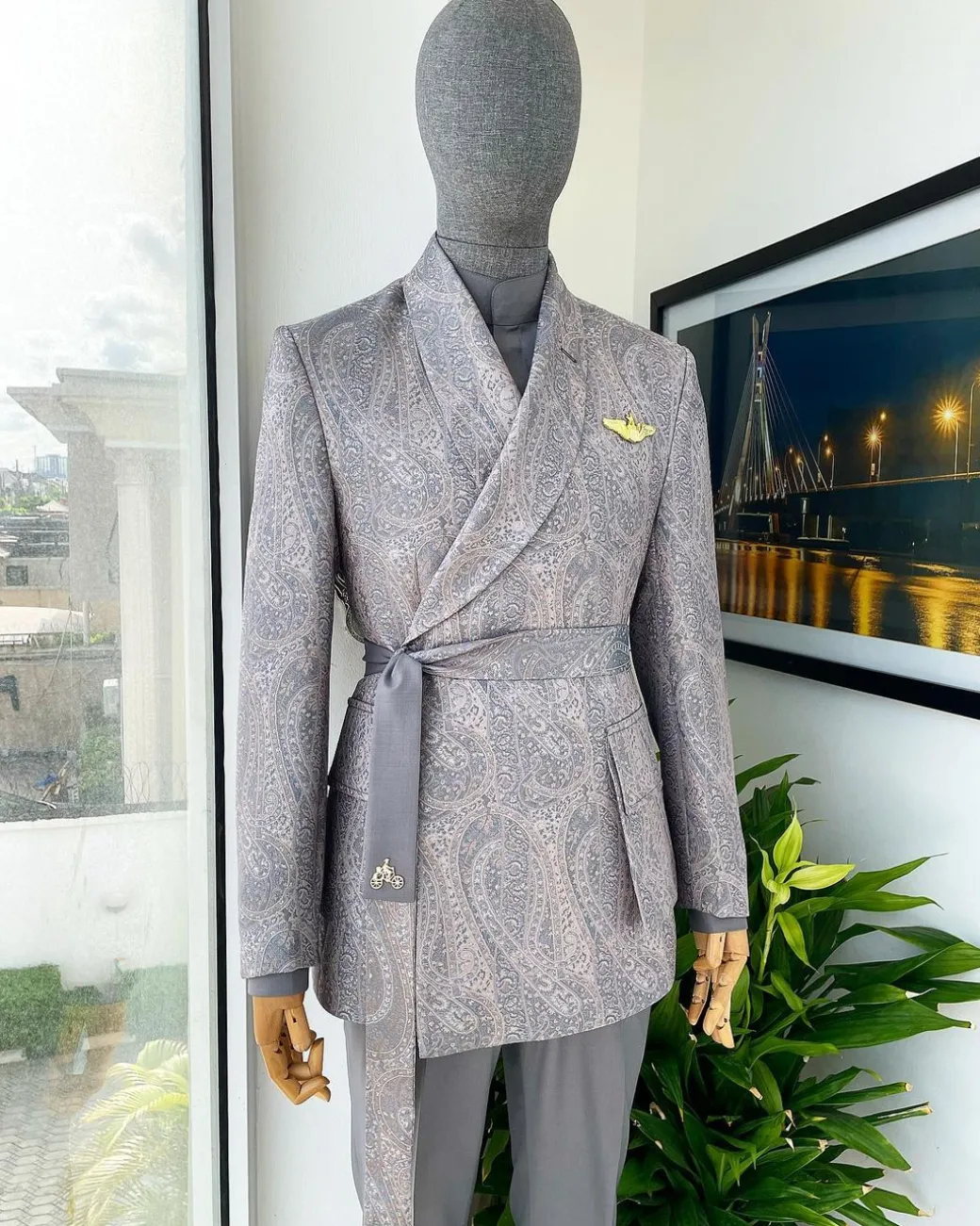 An “Epitome” steel grey, powder blue and light brown mix element jacquard wrap kimono with patch pocket