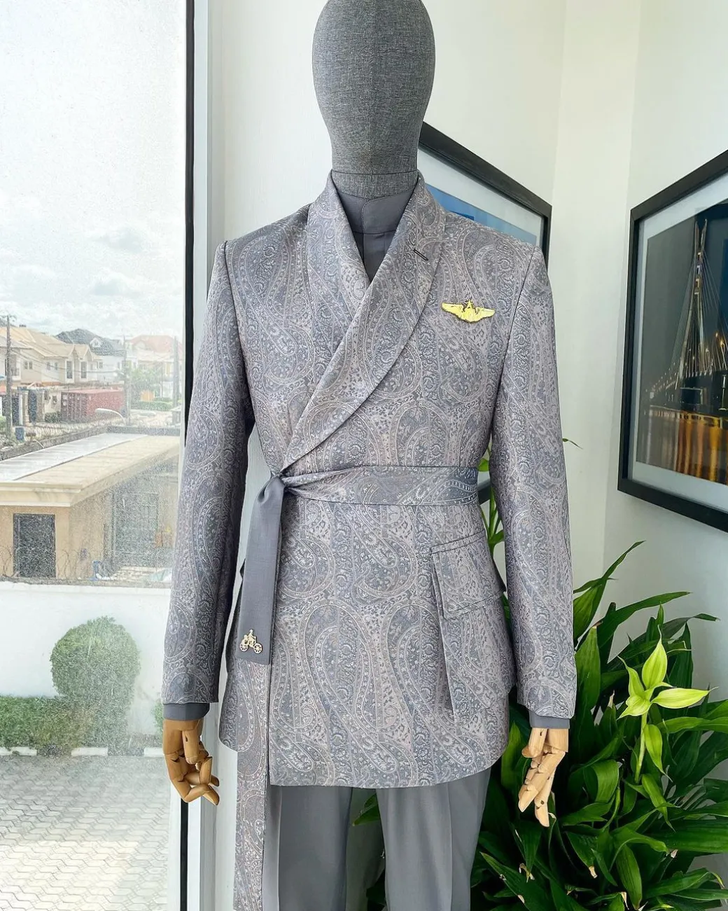 An “Epitome” steel grey, powder blue and light brown mix element jacquard wrap kimono with patch pocket
