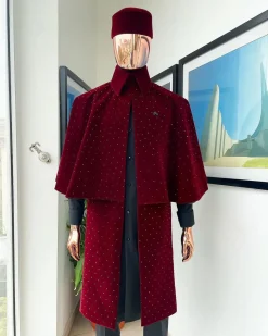 An “Eyes Wide Shut” mahogany red soaked Italian velvet Ceremonial suktan with black Swarovski stone detailing