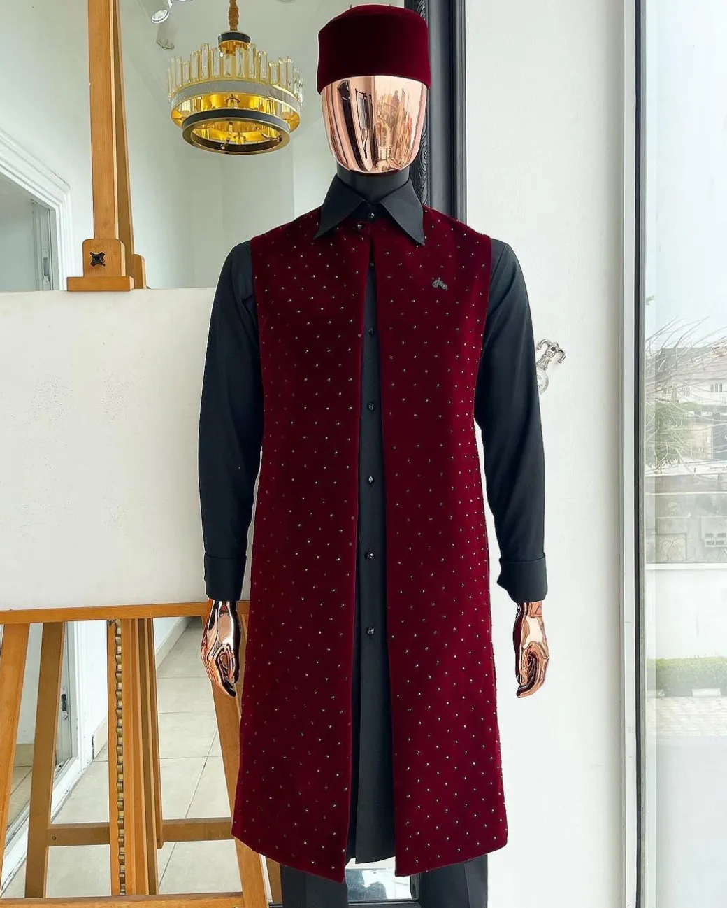 An “Eyes Wide Shut” mahogany red soaked Italian velvet Ceremonial suktan with black Swarovski stone detailing