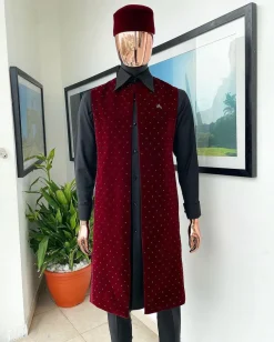 An “Eyes Wide Shut” mahogany red soaked Italian velvet Ceremonial suktan with black Swarovski stone detailing