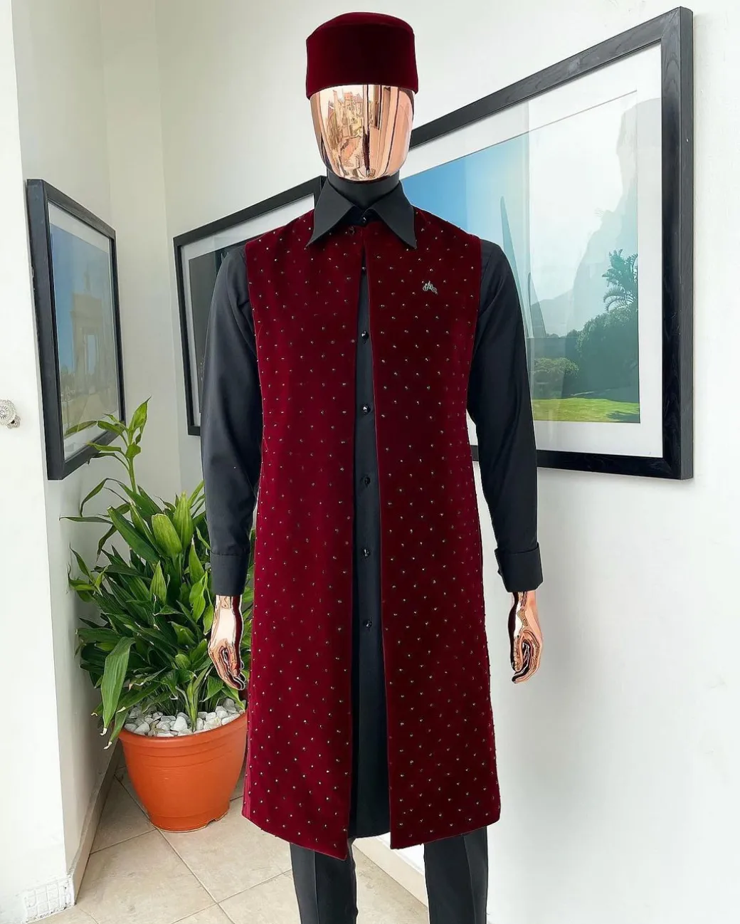 An “Eyes Wide Shut” mahogany red soaked Italian velvet Ceremonial suktan with black Swarovski stone detailing