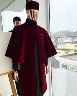 An “Eyes Wide Shut” mahogany red soaked Italian velvet Ceremonial suktan with black Swarovski stone detailing