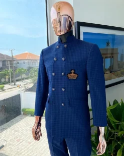 An Indigo and azure blue shepherd’s check “preacher” double breasted safari suit