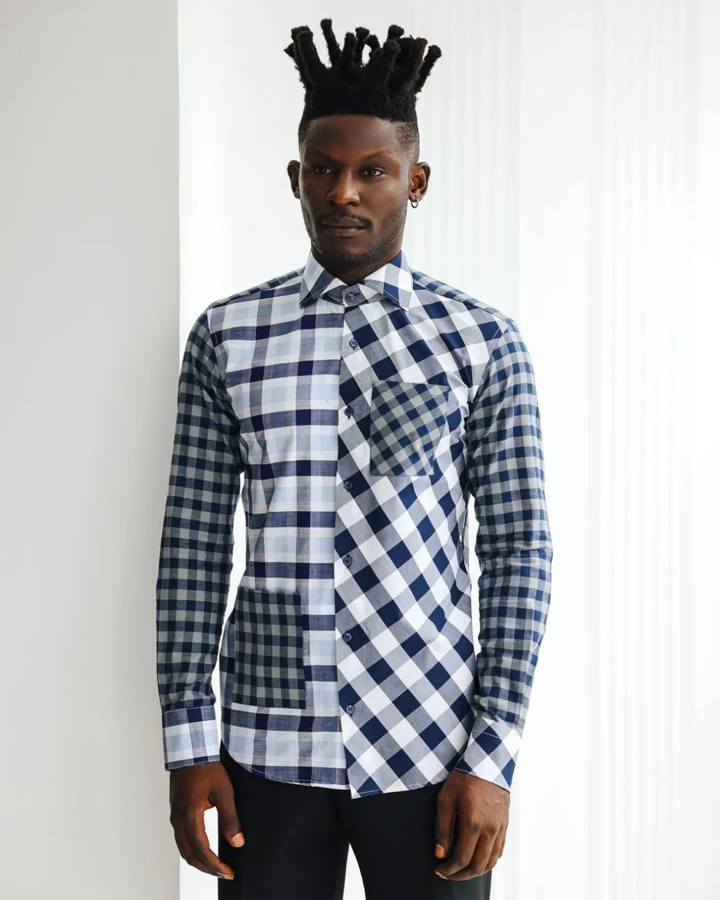 An Intersected Checkerboard & Windowpane Check Layered Casual Shirt.