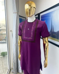 An invisible neckline, rectangular-shaped related shade of purple with paisley mix design African Kaftan