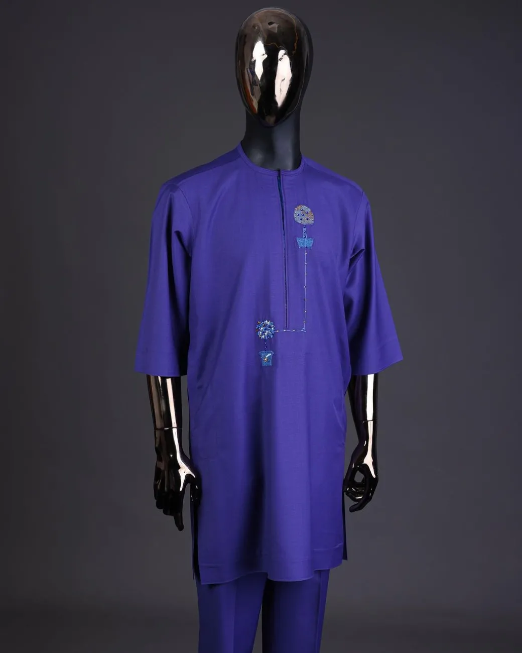 An Iris purple flower pot embroidery detailing with Swarovski details kaftan and Sokoto