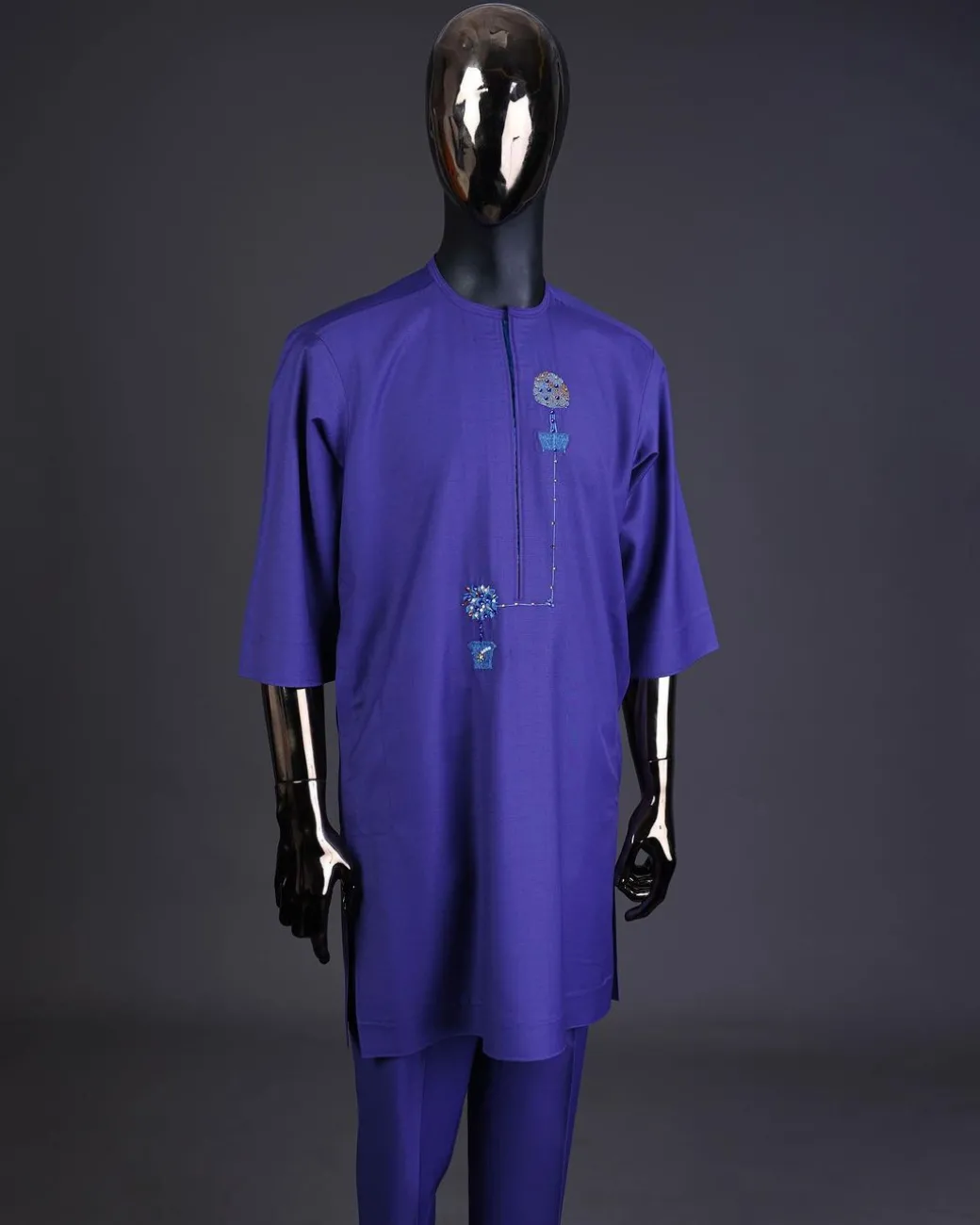 An Iris purple flower pot embroidery detailing with Swarovski details kaftan and Sokoto