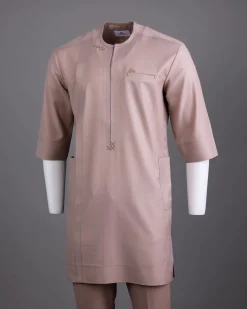 An Irish cream, zip line with dispersed arewa embroidery, 3/4 sleeve African senator Kaftan native.