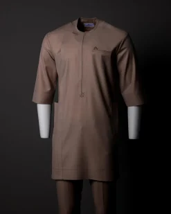An Irish cream, zip line with dispersed arewa embroidery, 3/4 sleeve African senator Kaftan native.