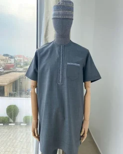 An Irish grey traditional embroidery senator kaftan.