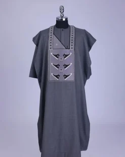 An Iron Grey, stepping all stars metallic wire embroidery details agbada