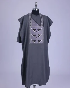 An Iron Grey, stepping all stars metallic wire embroidery details agbada
