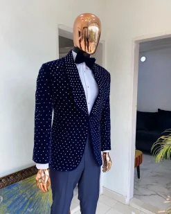 An Italian blue velvet tuxedo suit with silver Swarovski stone details