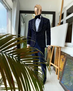An Italian blue velvet tuxedo suit with silver Swarovski stone details