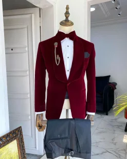 An Italian velvet burgundy Shawl lapel tuxedo suit