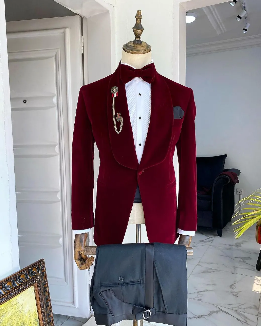 An Italian velvet burgundy Shawl lapel tuxedo suit