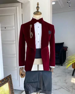 An Italian velvet burgundy Shawl lapel tuxedo suit