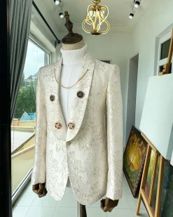 An Ivory Gold Patterned “From The Same Side” Shawl lapel Tuxedo Suit